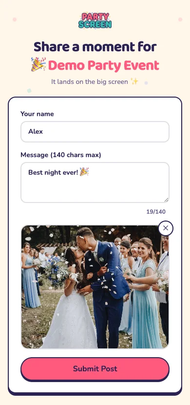 Function Party Screen Party Screen — Live Photo & Message Wall for Parties, Weddings & Events